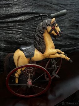 Krásný starožitný dřevěný tříkolový kůň 58cm výška - 7