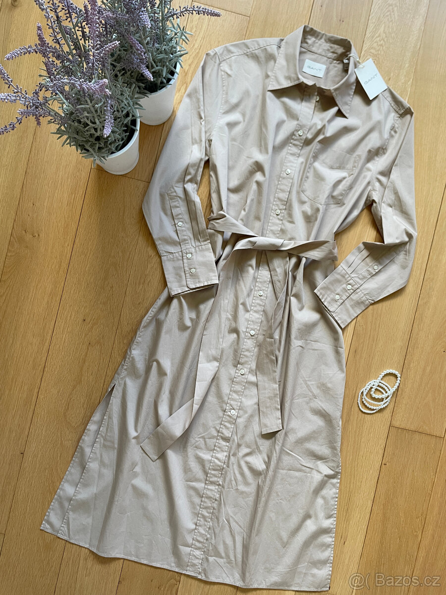 Béžové bavlněné košilové dlouhé šaty Gant, vel. 38/40 - 8