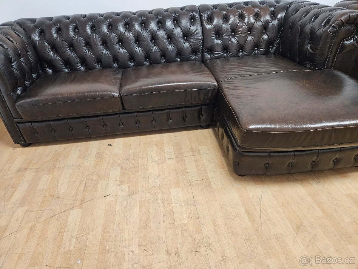 CHESTERFIELD ŠTÝL,ROHOVÁ KOŽENÁ V TOP STAVE,ZNÍŽENÁ CENA - 8