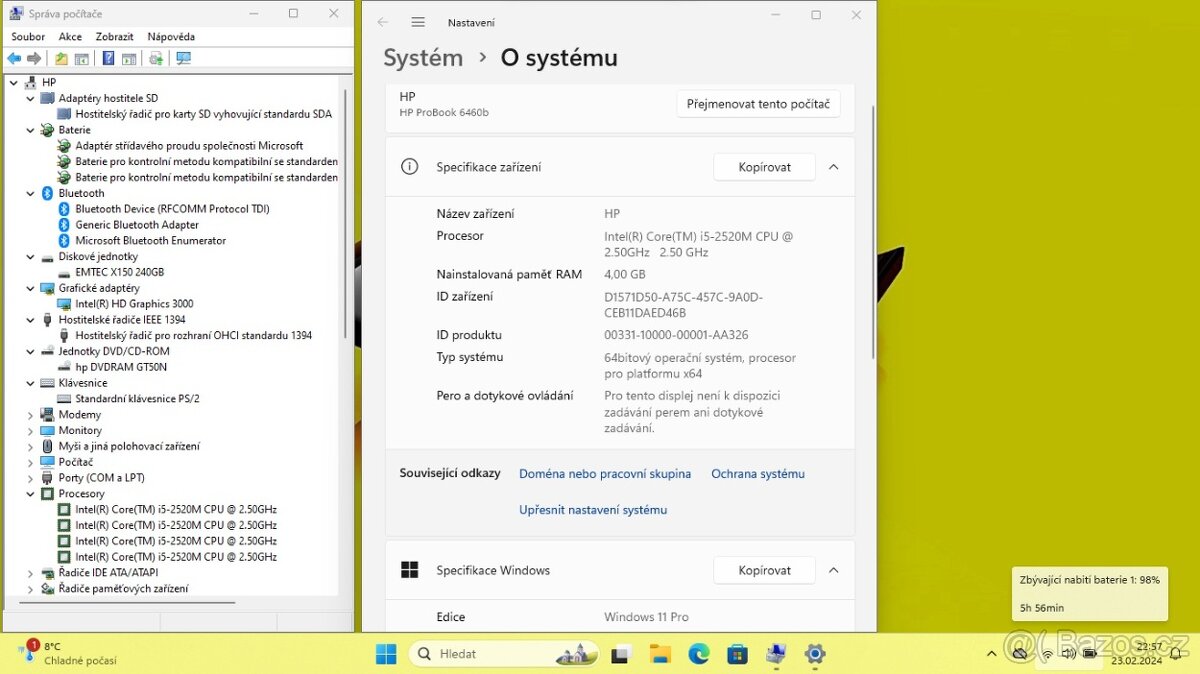 HP 6460B /i5-2520/4GB/SSD240GB/WIFI/BT/DVD/WIN11/ZÁRUKA - 8