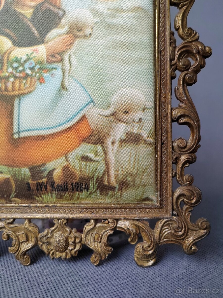 Nádherný obrázek na hedvábí v mosazném ramu (Itálie) - 8