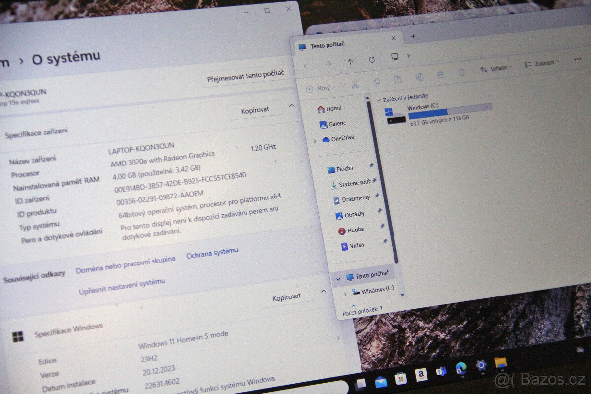 Notebook HP 15s / 3020e dual/ 4GB DDR4/ 128GB SSD/ - 8