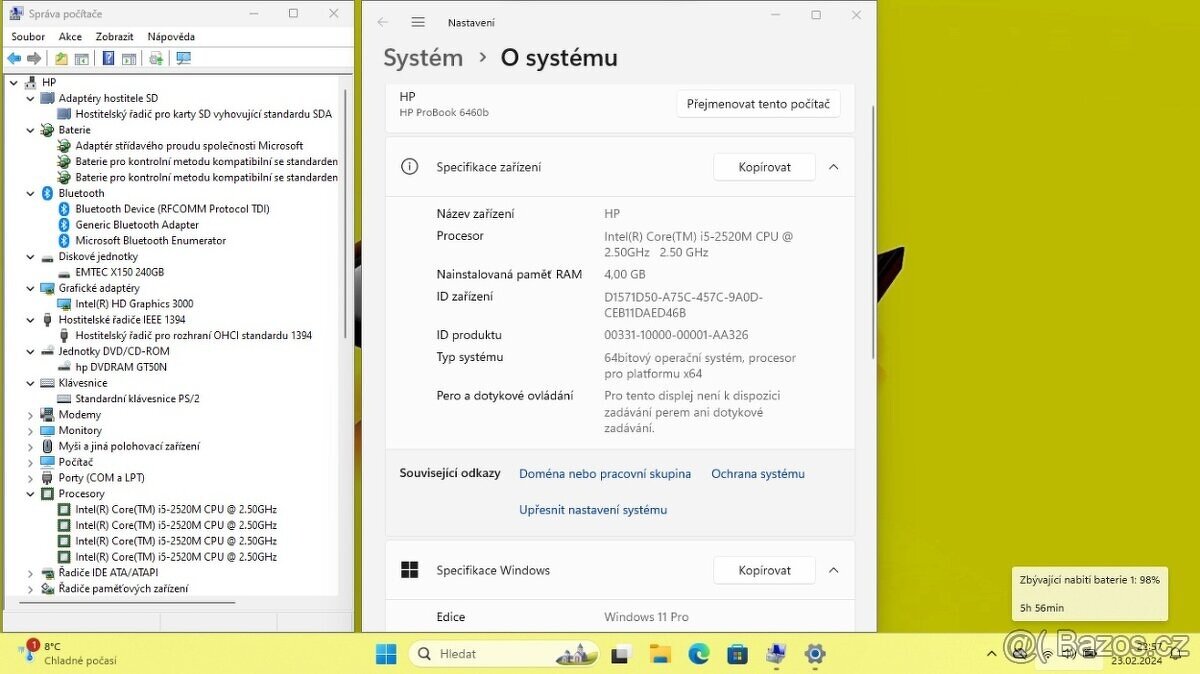 HP 6460B /i5-2520/4GB/SSD240GB/WIFI/BT/DVD/WIN11/ZÁRUKA - 8