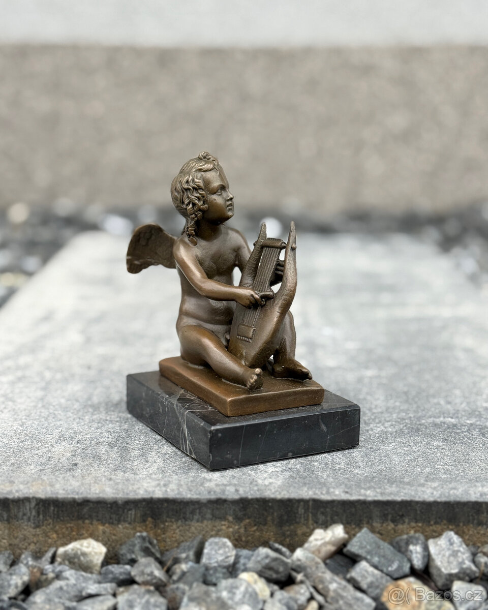 Bronzová andělská soška Putto s lyrou anděl dítě figurka - 8