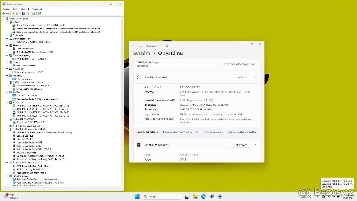 LENOVO A275 /A12-8830B/8GB/SSD256GB/2xBATERIE/WIN11/ZÁRUKA - 8
