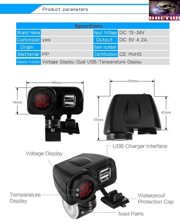 12V moto nabíječka,2xUSB,vypínač,voltmetr + teploměr. - 8