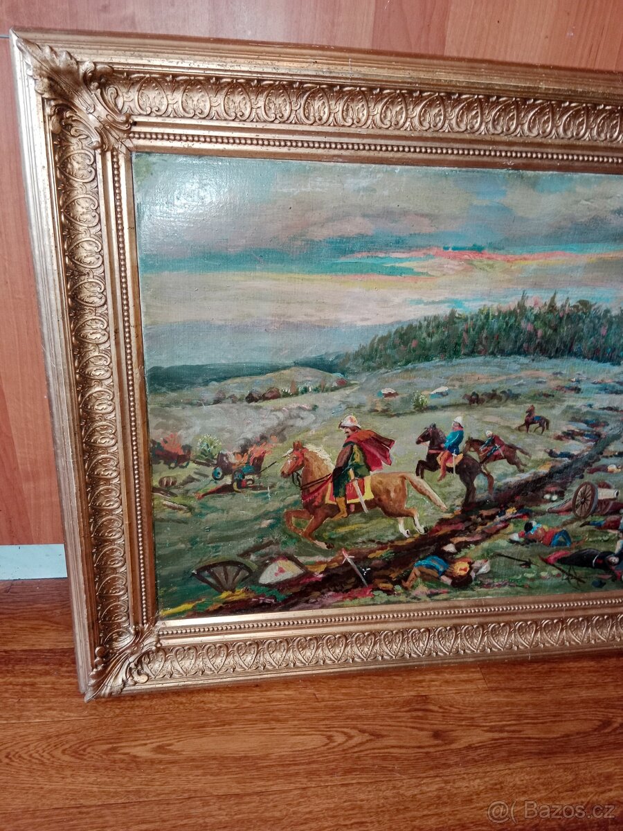 Pěkný,starý obraz-olej- bitva na poli - 8