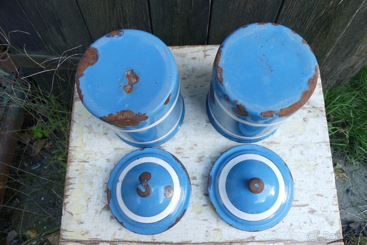 Cukr a káva, smaltované dózy s víkem, modrý smalt - 8