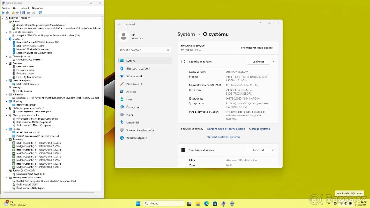 PĚKNÝ HP PROBOOK 450 G7 /i5-10210/16GB/SSD256GB/FULLHD/WIN11 - 8