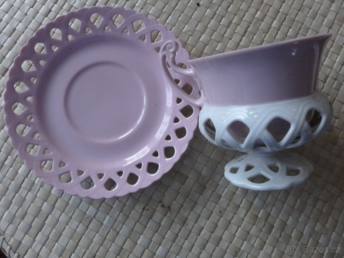 Talíře, smalt. zl. sklo, 6 krajkových šálků, maska, karafa - 8