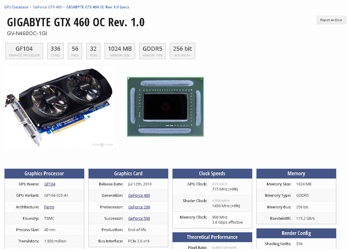 Gigabyte GeForce GTX 460 OC GPU 1GB GDDR5 - 8
