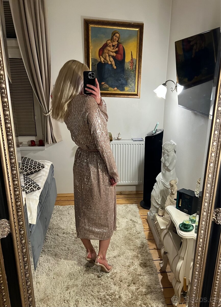 Pudrové midi šaty zn. Lilium s flitry - 8