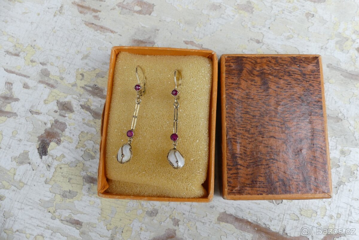 Starožitné secesní zlaté náušnice, perly, rubínky - 8