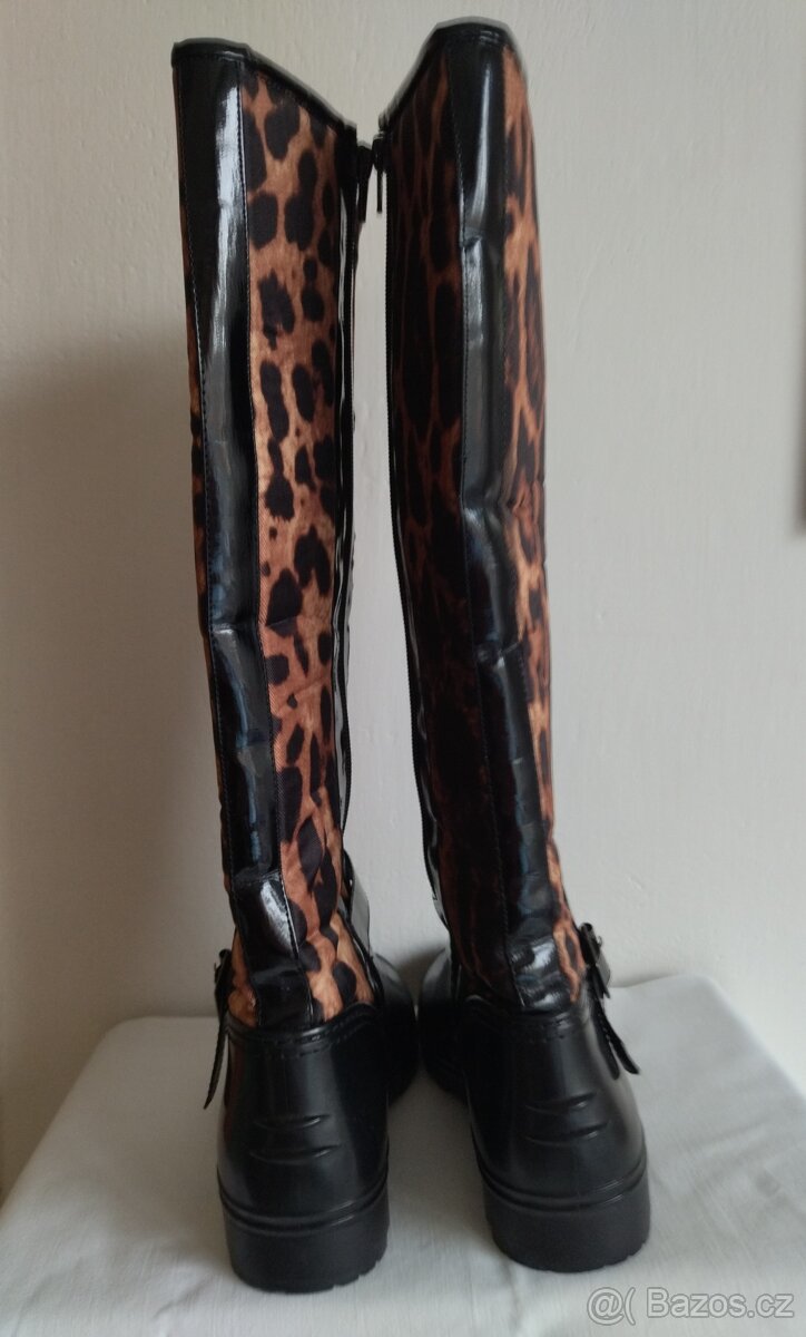 Kozačky holínky černé + leopardí vzor, vel. 37/38 - 8