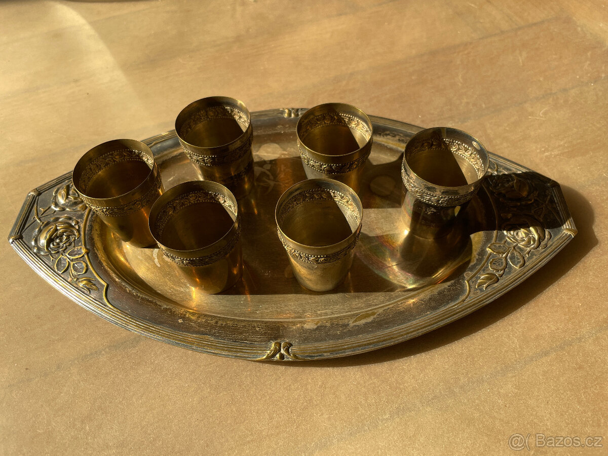 Starožitný secesní mosazný podnos s 6 panáky - 8