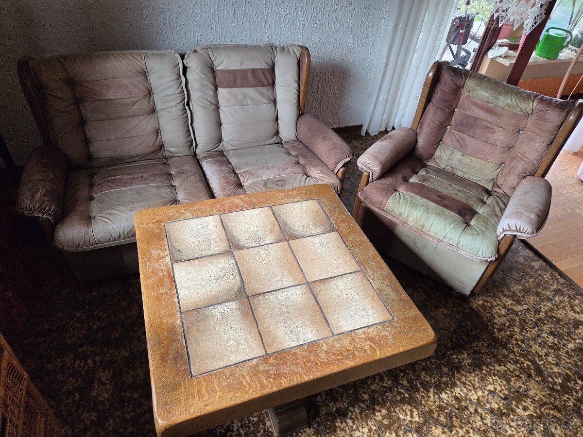 Stará kožená sedací souprava + stůl / set za odvoz - 8