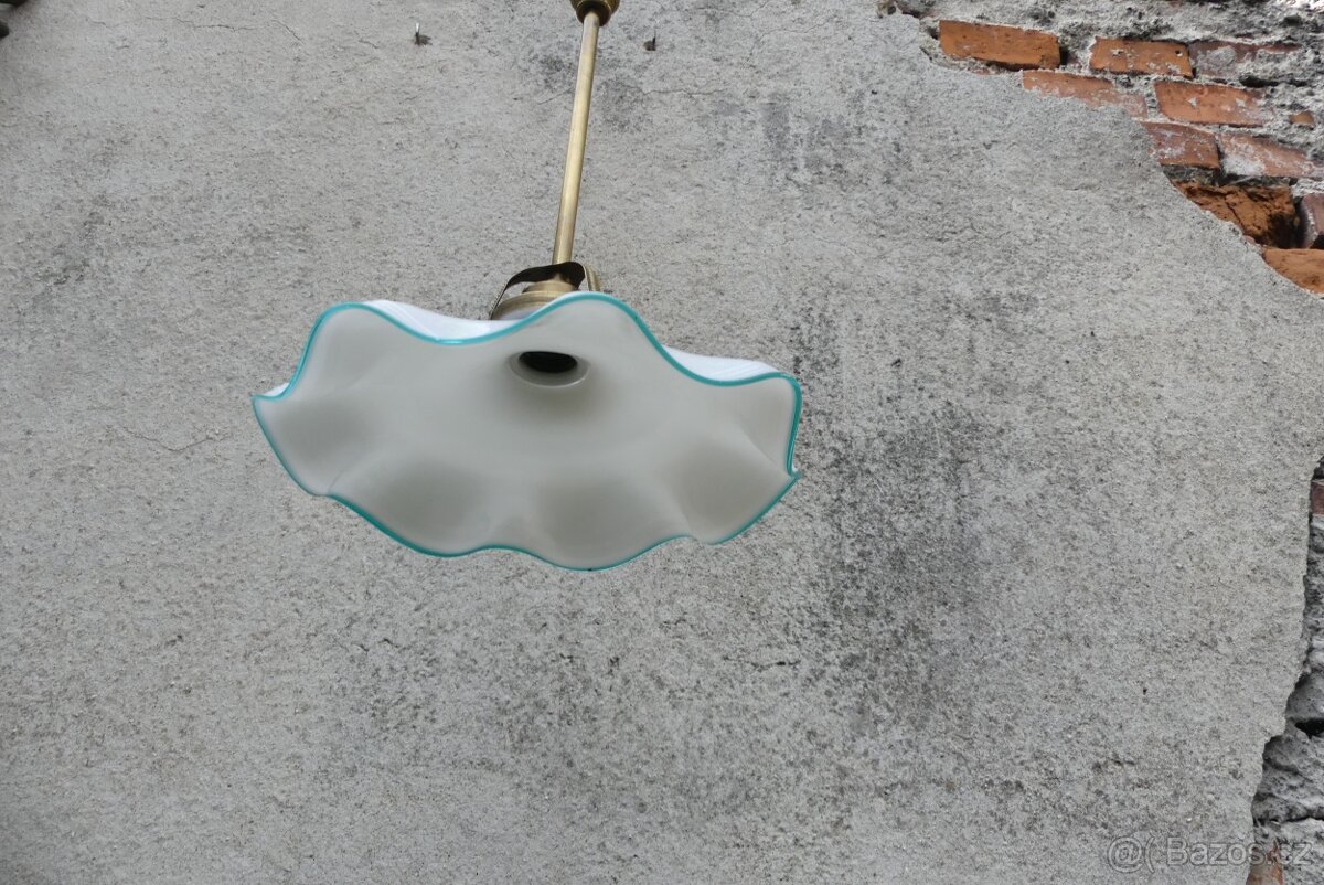 Starožitný lustr, stropnice , zelená linka, mosaz sklo - 8