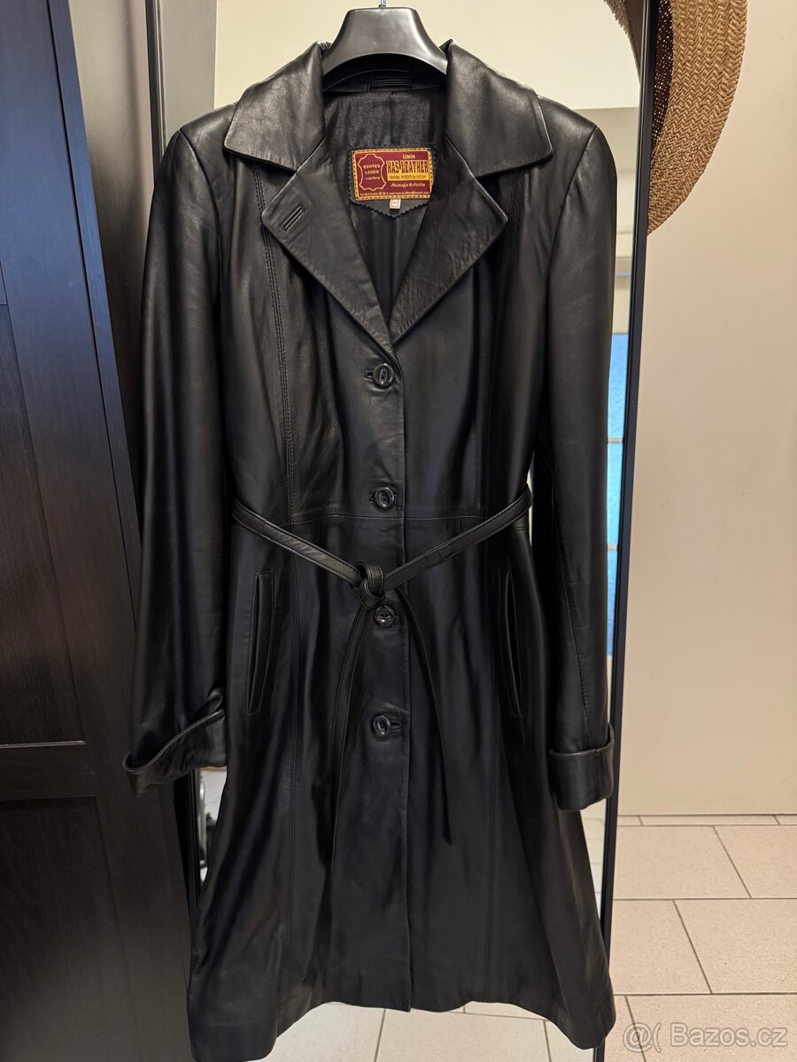 Dlouhá retro kožená bunda / trenčkot / leather coat - 8