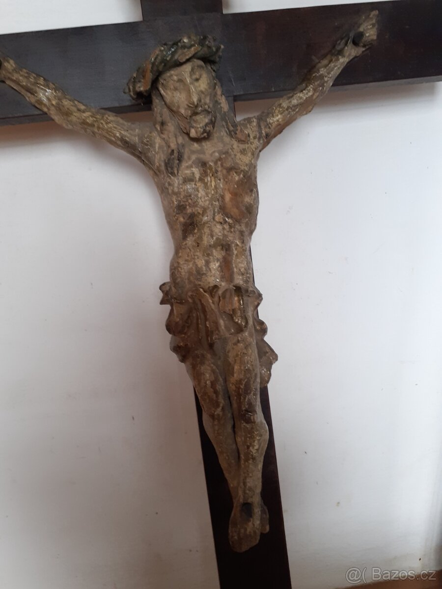 Starožitný kříž ,skleněný obrázek, soška bohyně - 8