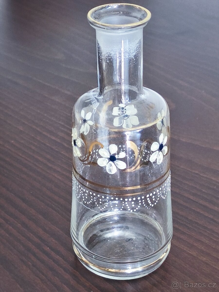 Starší skleněná karafa / vázička s ručně malovanou výzdobou - 8