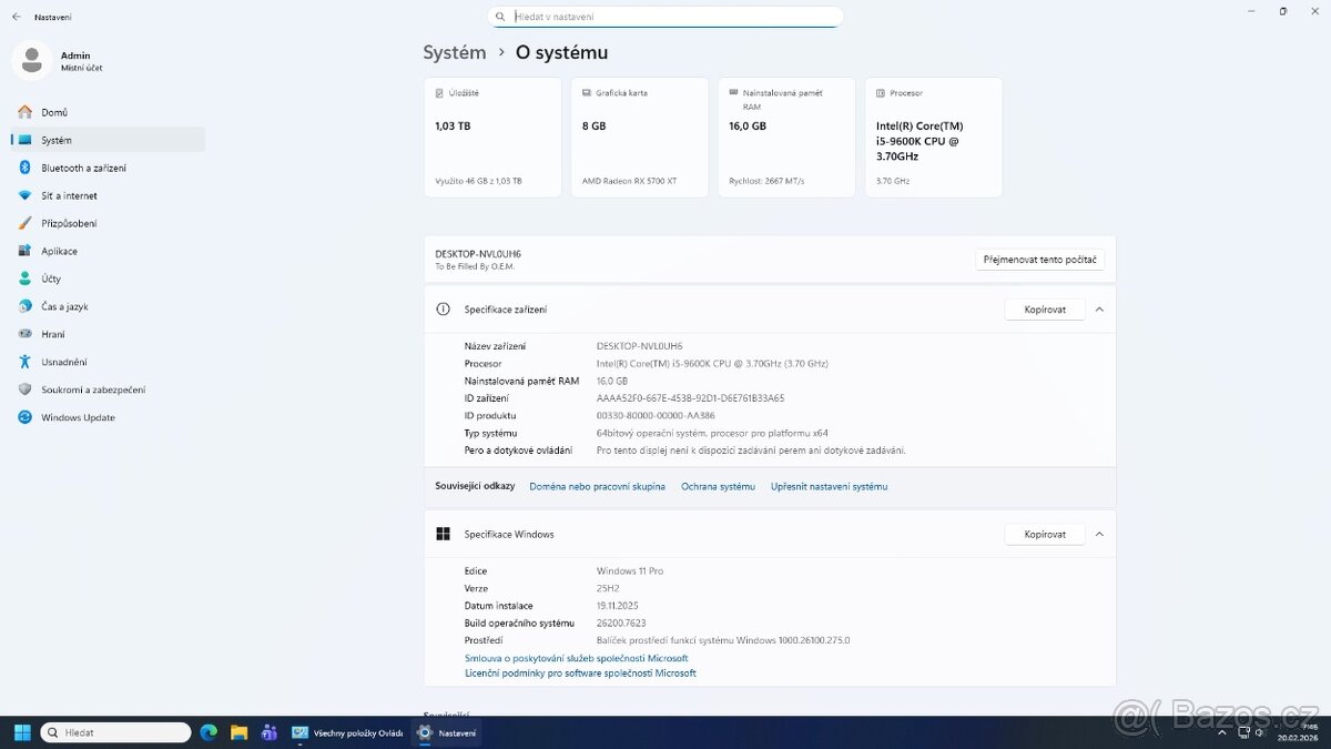 herní PC: i5 9600K+RX 5700xt+16GB RAM - 8