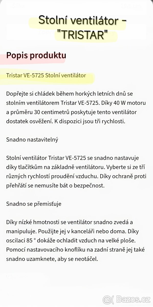 Stolní ventilátor -"TRISTAR". NOVÝ Původní balení. 30 cm - 8