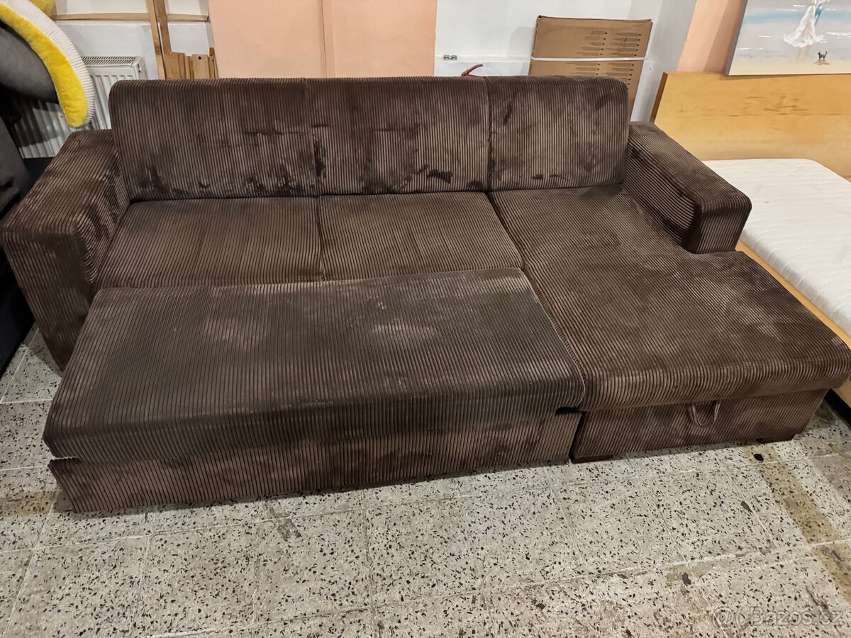 Hezká hnědá Rozkládací rohová sedací souprava manšestr - 8
