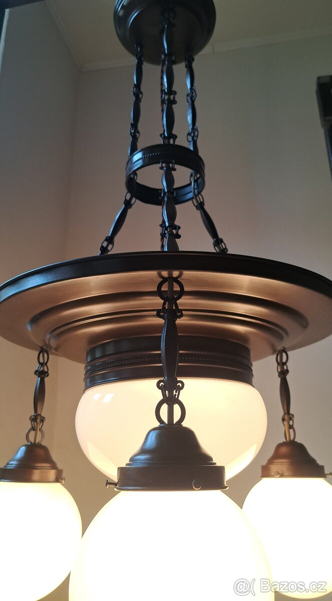 Starožitný secesní mosazný lustr, secese - 8