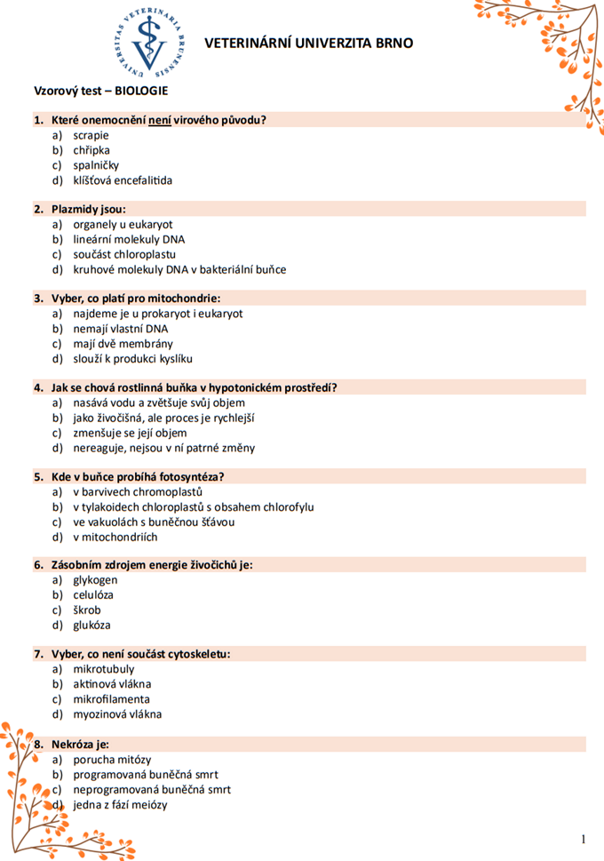 Materiály k přípravě na přijímačky na VETUNI Brno - 8