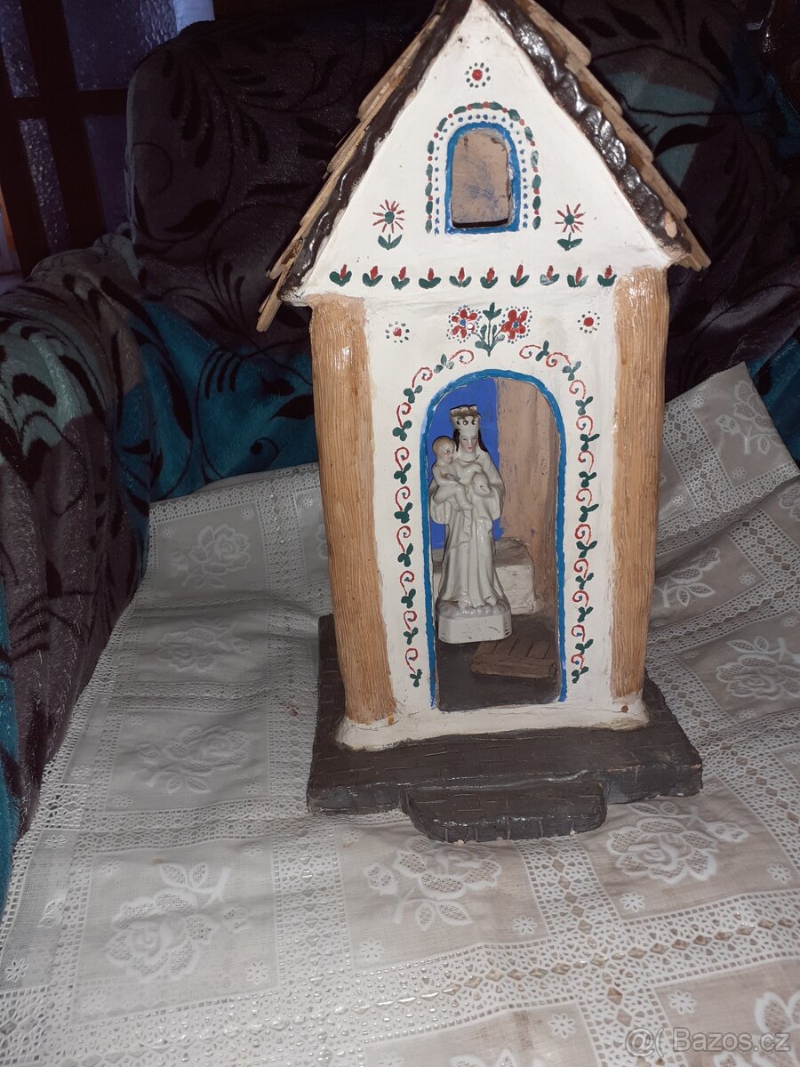 Starožitný hrací obraz, kaplička se soškou - 8