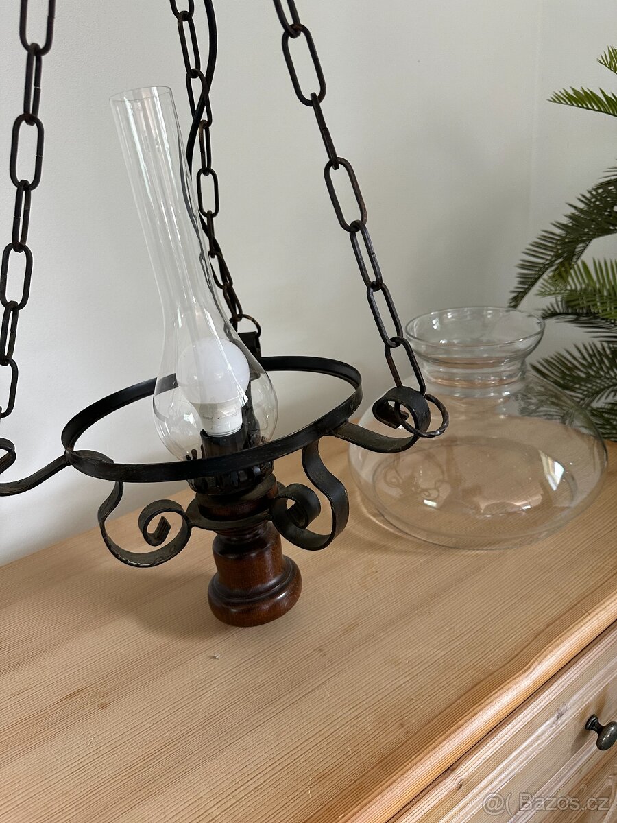 Rustikální elektrický závěsný lustr. Petrolejovka. - 8