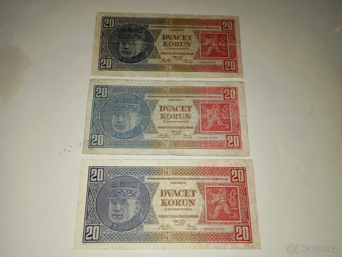BANKOVKY 20 KČS 1926, NEPERFOROVANÉ, RŮZNÉ SÉRIE - 8