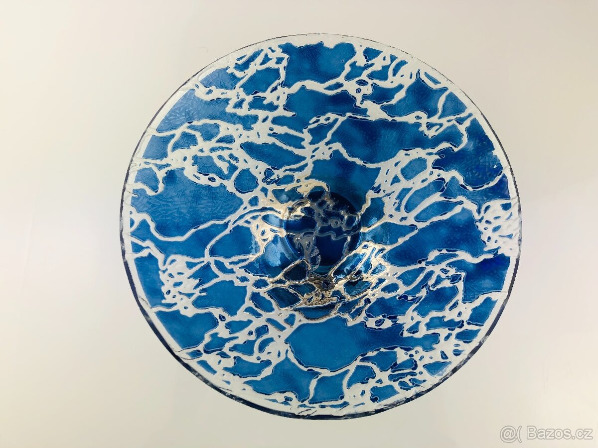 Modrá skleněná umělecká mísa na kovovém podstavci (NP012) - 8