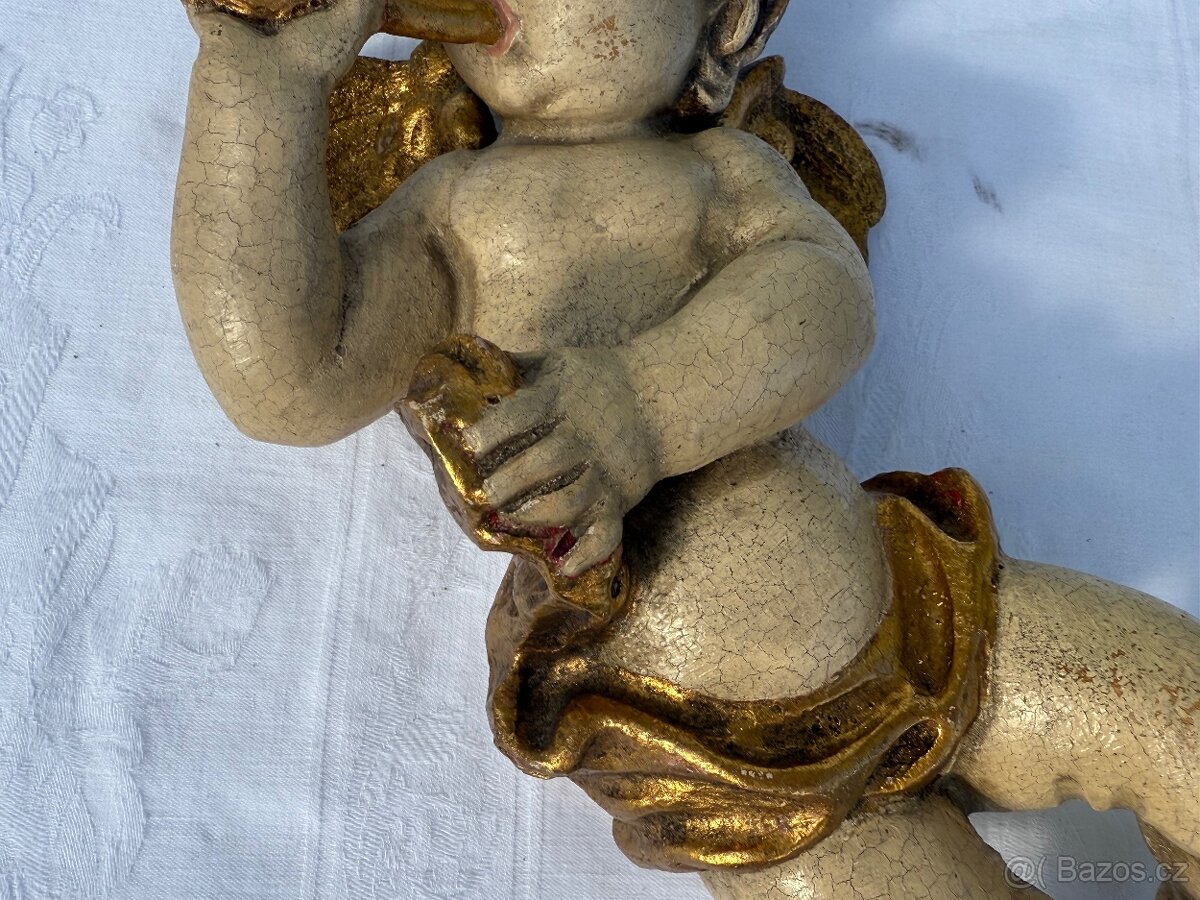 Dřevěná XXL socha anděla v páru polychromie 31cm - 8