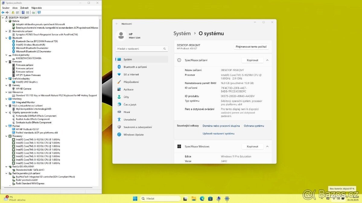 PĚKNÝ HP PROBOOK 450 G7 /i5-10210/16GB/SSD256GB/FULLHD/WIN11 - 8