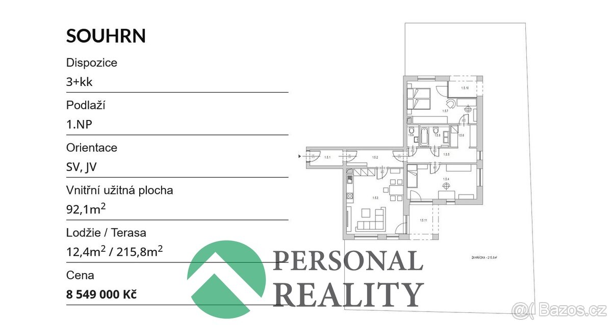 Prodej byty 3+kk, 92 m², zahrádka 215,8 m2, terasa 12,4 m2 - - 8