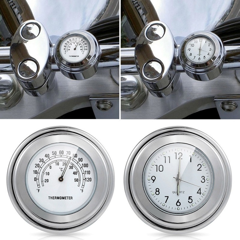 Chromované moto hodinky a teploměr na řídítka. - 8