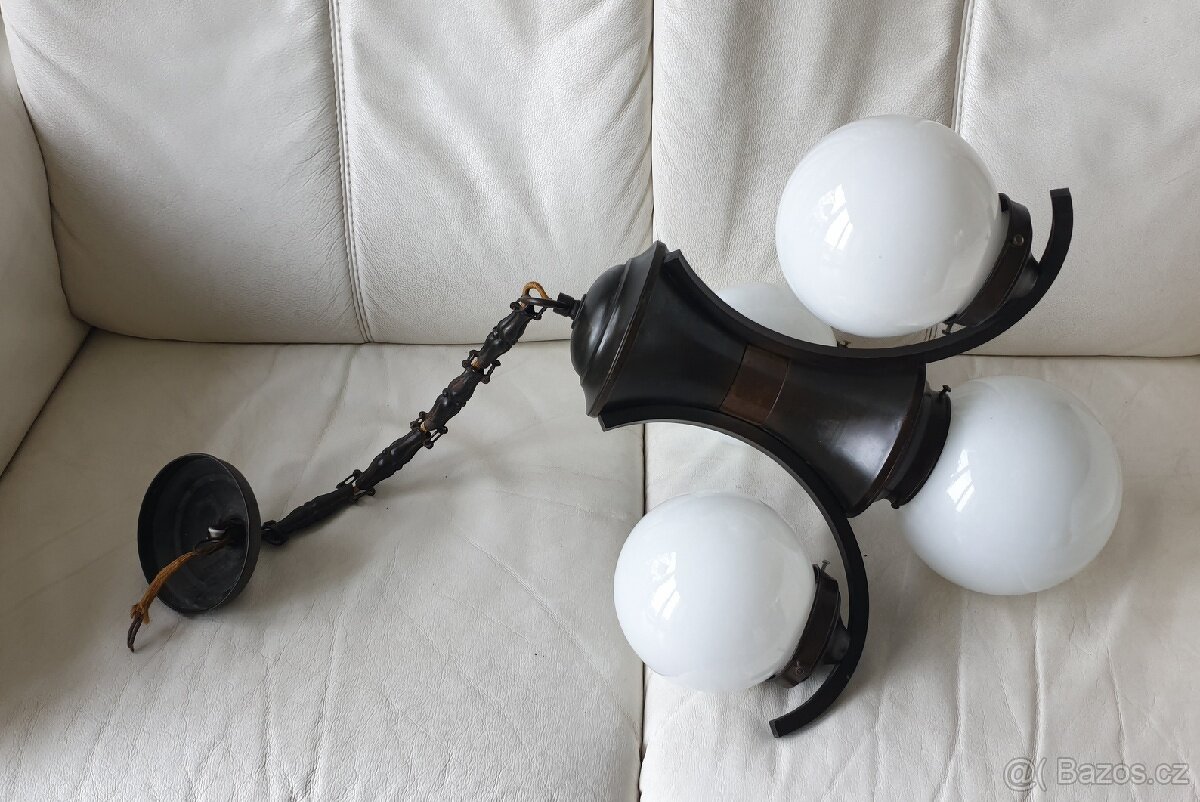 Starožitný lustr art deco na řetězu tmavá mosaz I - 8