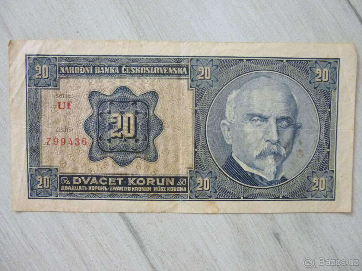 Stará BANKOVKA 20 Kčs, RAŠÍN/ŠTEFÁNIK r. 1926 série Uf - 8