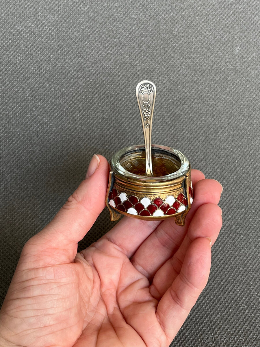 Smaltovaná melchiorová solnička a lžička, SSSR - 8