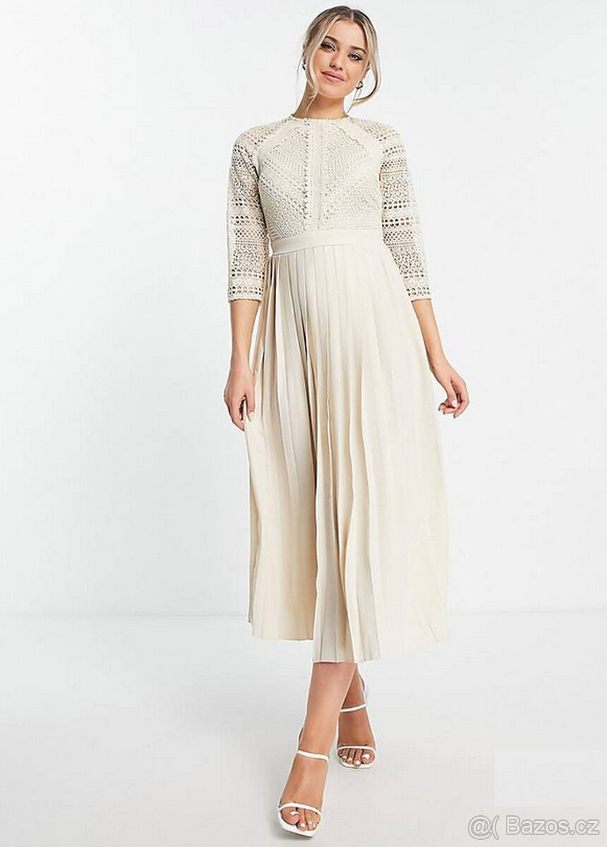 Dámské midi šaty béžové krajkové plisované S 36 - 8