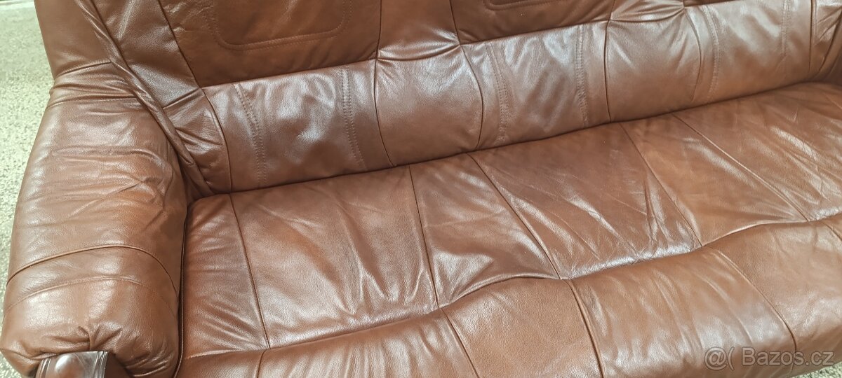 Rozkládací kožená sedací souprava, nábytek z masívu - 8
