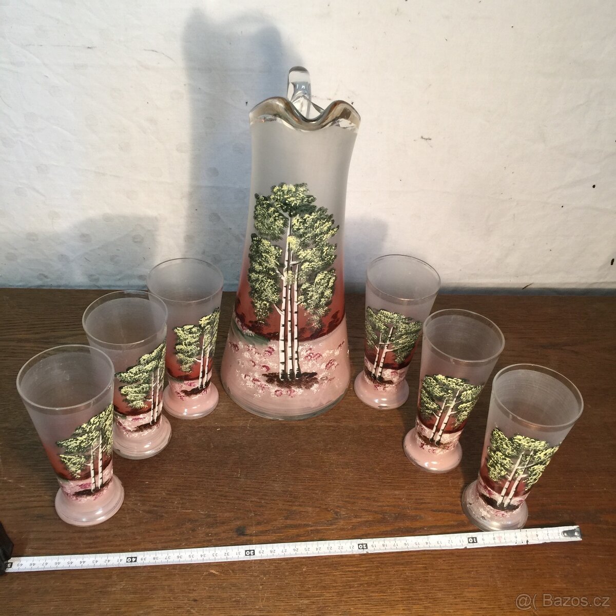 starožitná souprava malovaného skla džbán a sklenice - 8