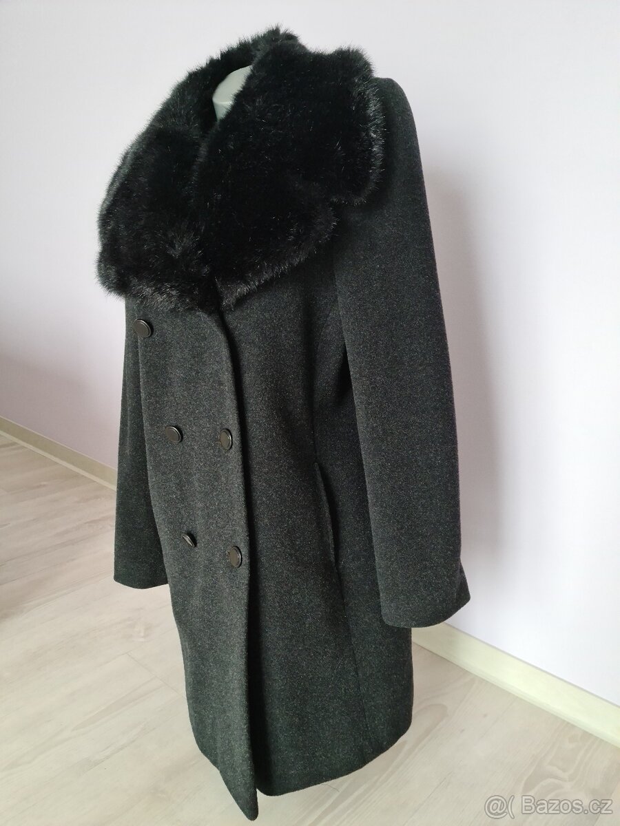 Černý kabát s kožešinou, vlna + kašmír, vel. 40 - 8