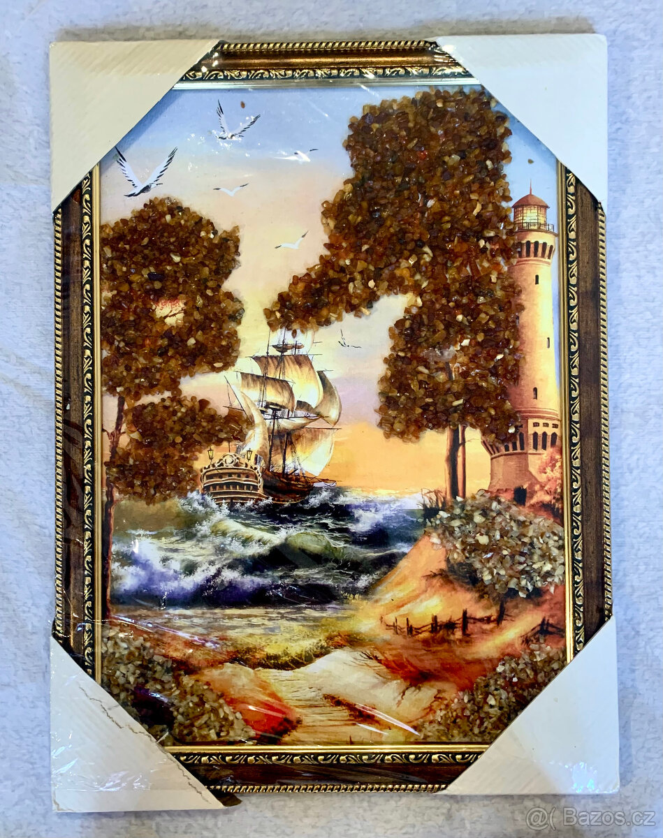 Luxusní jantarový obraz „Maják a plachetnice“ – originál - 8