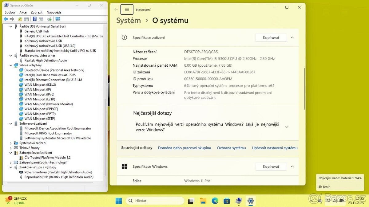 VELMI PĚKNÉ LENOVO X250 /i5-5300U/8GB/SSD250GB/W11/ZÁRUKA - 8