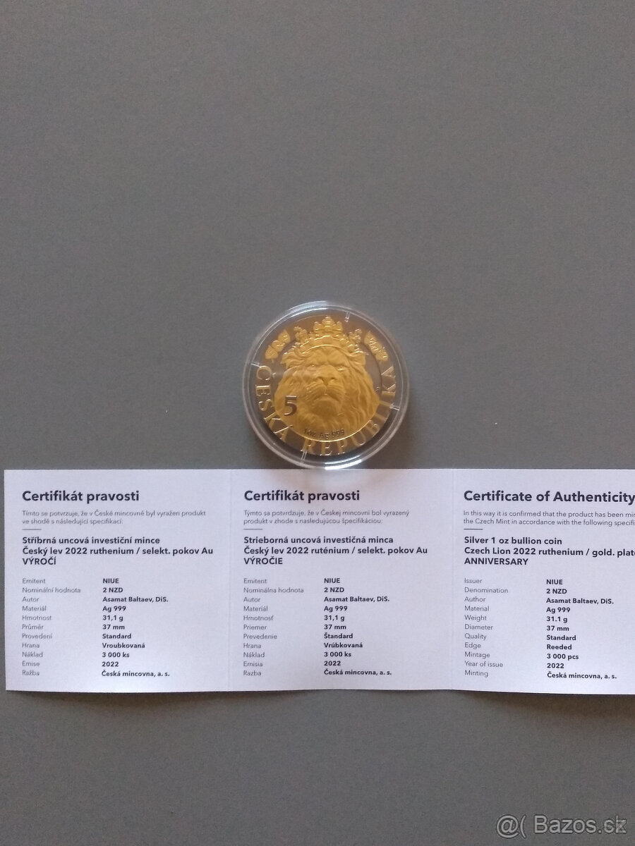 PRODÁM STŘÍBRNOU 1 Oz MINCU ČESKÝ LEV 2022 RUTHENIUM - 8