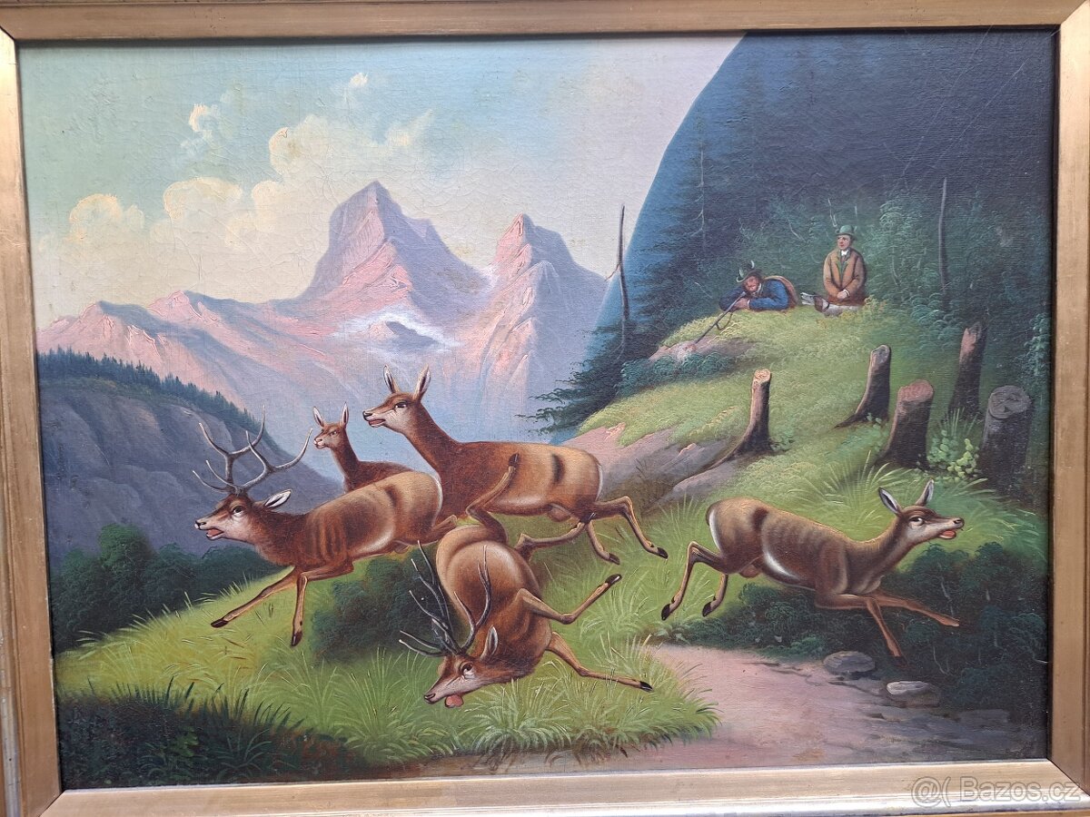 2 obrazy z 19.století, myslivecký motiv - 8