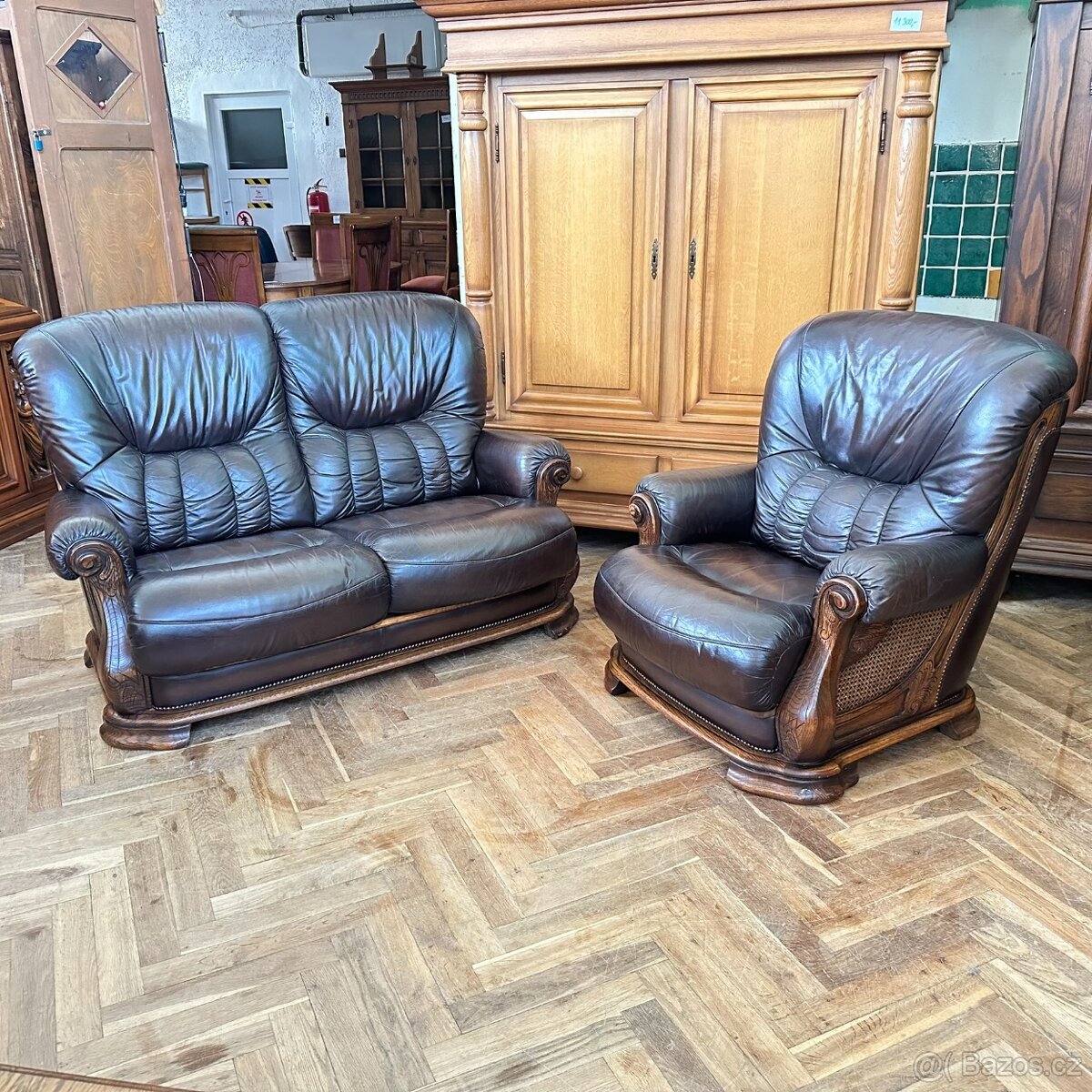 Sedací souprava 2+1 pravá kůže + dub masiv + ratan - 8