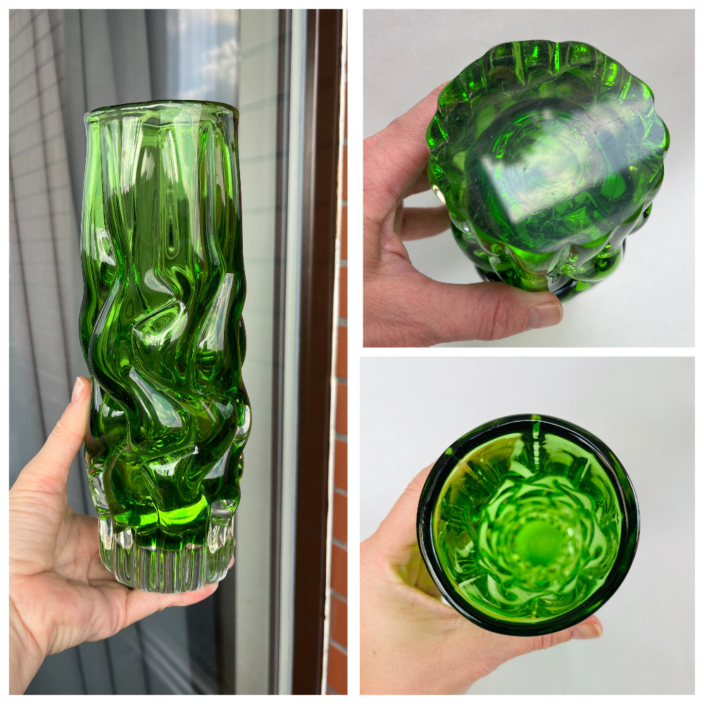 Váza Mozek 24.5 cm, zelené hutní sklo, Pavel Hlava - 8